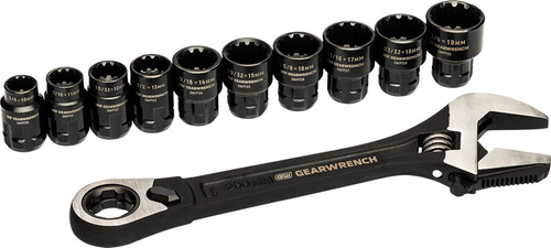 PG145 - 11-PC 3/8" DRIVE PASS-THRU™ ADJUSTABLE WRENCH & UNIVERSAL DESIGN SOCKET SET, 3/8"-3/4" (10MM-19MM)