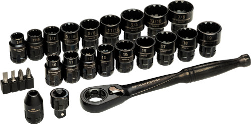 PG129 - 25-PC PRISE 3/8" PASS-THROUGH™ CLIQUET ET ENSEMBLE DE DOUILLES À CONCEPTION UNIVERSELLE, 3/8 »-7/8 », 10-19 MM, (3) EMBOUTS PHILLIPS ET FENTES