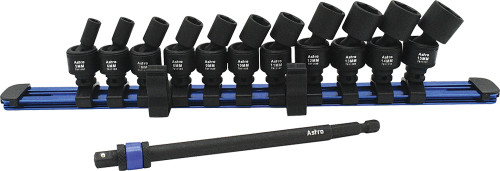 PG136 - 12-PC 1/4" SQUARE & HEX DRIVE MAGNETIC UNIVERSAL 6-PT. IMPACT SOCKET SET & 6" LOCKING EXTENSION ON RAIL, 5-15MM
