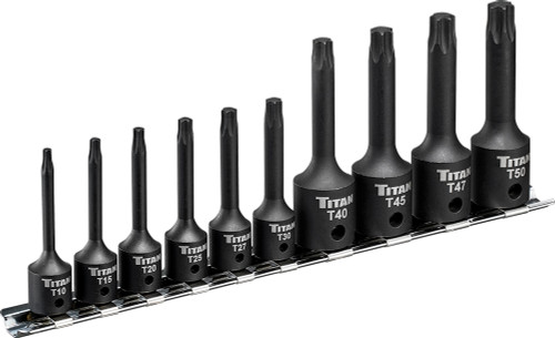 PG144 - 10-PC 1/4" & PRISE 3/8" JEU DE DOUILLE TORX® À IMPACT X-LONG SUR RAIL DE RANGEMENT MÉTALLIQUE, T10-T50