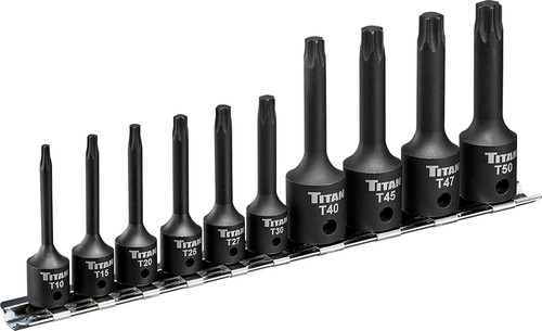 PG160 - 10-PC 1/4" & 3/8" DRIVE X-LONG IMPACT TORX® BIT SOCKET SET ON METAL STORAGE RAIL, T10-T50