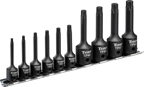 PG144 - 10-PC 1/4" & 3/8" DRIVE X-LONG IMPACT TORX PLUS® 6-LOBE BIT SOCKET SET ON METAL STORAGE RAIL, T10-T50