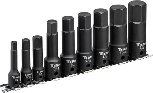 PG146 - 9-PC 1/4" & 3/8" DRIVE X-LONG IMPACT SAE HEX BIT SOCKET SET ON METAL STORAGE RAIL, 1/4"-3/4"