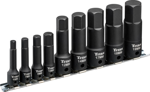 PG146 - 9-PC 1/4" & 3/8" DRIVE X-LONG IMPACT METRIC HEX BIT SOCKET SET ON METAL STORAGE RAIL, 6MM-19MM