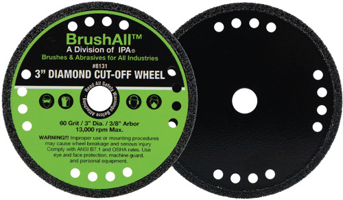 PG107 - DIAMOND CUT-OFF WHEEL, 3" DIA, TYPE 41, 60 GRIT, 3/8" ARBOR, 20,000 RPM - EACH