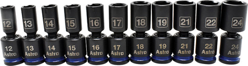 PG143 - 11-PC 1/2" DRIVE 6 PT. MID-LENGTH PINLESS UNIVERSAL METRIC IMPACT SOCKET SET, 12-24MM