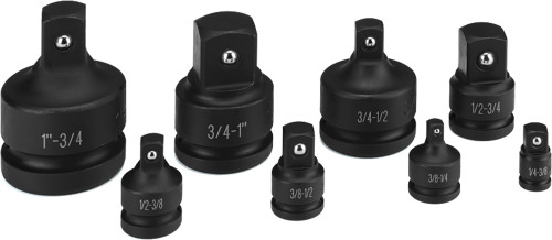 PG148 - ENSEMBLE D’ADAPTATEURS D’IMPACT RÉDUITEURS 8 PIÈCES, 1"F X 3/4"M, 3/4"F X 1"M, 3/4"F X 1/2"M, 1/2"F X 3/4"M, 1/2"F X 3/8"M, 3/8"F x 1/2"M, 3/8"F X 1/4"M, 1/4"F X 3/8"M