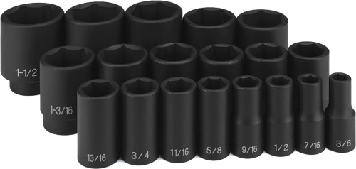 PG142 - 19-PC PRISE 1/2" JEU DE DOUILLES À IMPACT SAE SEMI-PROFONDES À 6 POINTS, DE 3/8 » À 1-1/2 »