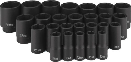 PG135 - 26-PC 1/2" DRIVE 6 POINT SEMI-DEEP METRIC IMPACT SOCKET SET, 10MM TO 36MM