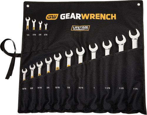 PG166 - 15-PC 12 POINT SAE HI-VIZ LONG PATTERN COMBINATION WRENCH SET WITH ROLL, 5/16" – 1-1/4"
