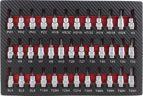 PG164 - 37-PC PRISE 3/8" Ensemble de douilles SAE et métriques hexagonales, Torx, Torx inviolable, Phillips, Pozidriv et plates en mousse EVA