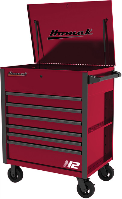 37" H2 6-DRAWER FLIP TOP SERVICE CART WITH POWER STRIP – ROGUE RED