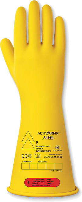 CLASSE 0, GANTS ISOLANTS EN CAOUTCHOUC ÉLECTRIQUE, JAUNE, TAILLE 9