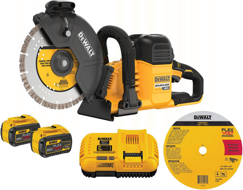 PG80 - 60V MAX 9" CUT-OFF SAW KIT, 6600 RPM, (1) CERAMIC METAL CUT-OFF WHEEL, (1) DIAMOND CUTTING WHEEL, (2) BATTERIES, (1) FAST CHARGER