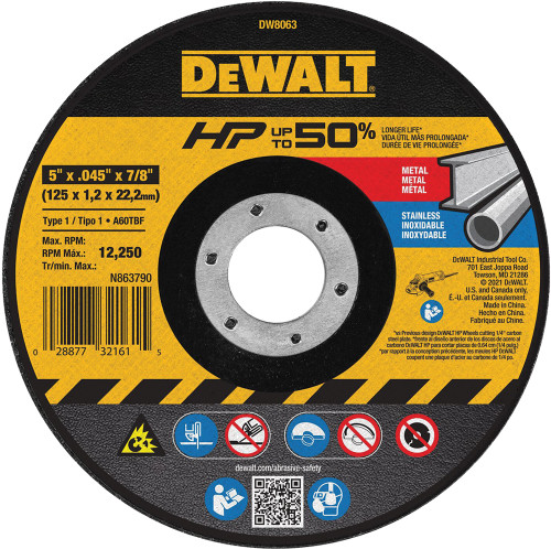 PG107 - DEWALT HIGH PERFORMANCE METAL CUTTING WHEEL, 5" DIA, 7/8" ARBOR, .045" THICK, TYPE 1, 12,250 RPM - PACK OF 25