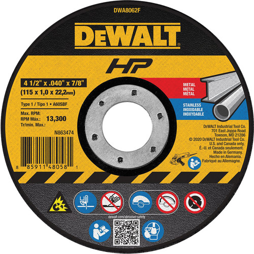 PG107 - DEWALT HIGH PERFORMANCE METAL CUTTING WHEEL, 4.5" DIA, 7/8" ARBOR, .040" THICK, TYPE 1, 13,300 RPM - PACK OF 25