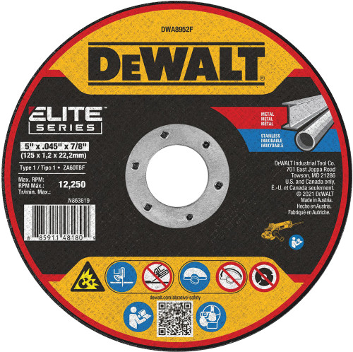 Disque à tronçonner en céramique pour métaux DEWALT ELITE SERIES PG107, diamètre 127 mm, alésage 22,2 mm, épaisseur 1,14 mm, type 1, 12 250 tr/min - Paquet de 25
