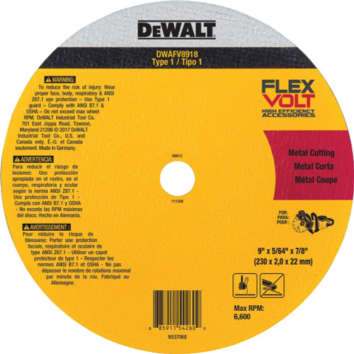 PG113 - 9" X 5/64" X 7/8" FLEXVOLT TYPE 1 METAL CUT-OFF SAW WHEEL, 6,600 RPM (PACK OF 1)