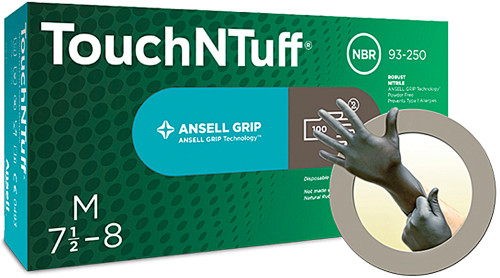 TOUCHNTUFF® 93-250 DISPOSABLE POWDER-FREE NITRILE GLOVES (S/6.5-7), BOX OF 100 GRAY GLOVES