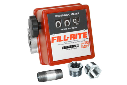 5 to 20 GPM Nickel Plated Meter.  Accuracy of ±1%.  Gallon Register, All Fluorocarbon Seals, Left to Right Flow, 1" NPT Threads.  Register - 3 Digit Resettable (99.9), 6 Digit Non-Resettable Totalizer (99,999.9).