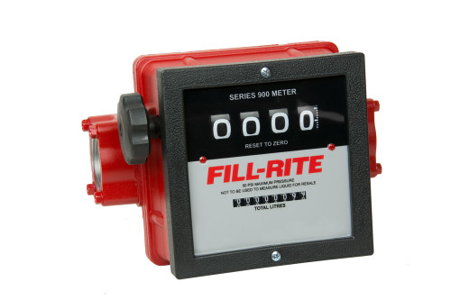 23 to 151 LPM Meter.  Accuracy of ±2%.  Liter Register, Left to Right Flow, 1½" NPT Threads.  Register - 4 Digit Resettable (9,999), 8 Digit Non-Resettable Totalizer (99,999,999).