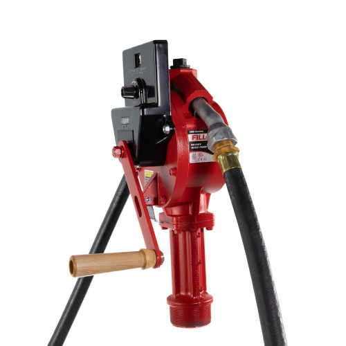 10 GPM, Rotary Hand Pump, 3/4" x 8' Hose, Nozzle Spout, 100ACC111 Gallon Counter, Telescoping Steel Suction Tube (20" x 34½"), Vacuum Breaker.