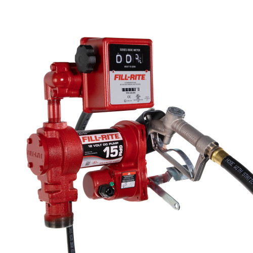 15 GPM, 12V DC Pump, 3/4 " x 12 ' Tuyau, 3/4 " Buse manuelle, 5' Fil de terre, 18' 12 Gauge 2 Câble de batterie de fil, Télescopique tuyau d’aspiration en acier (20 » à 341/2 »), 807C Gallon Meter