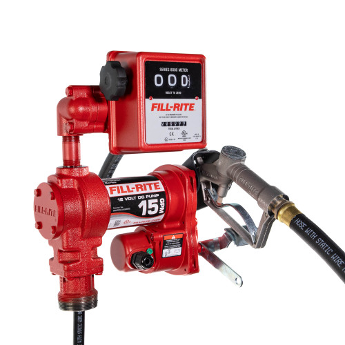 57 LPM, 12V DC Pump, 3/4 " x 12 ' Tuyau, 3/4 " Buse manuelle, 5' Fil de terre, 18' 12 Gauge 2 Câble de batterie de fil, Télescopique tuyau d’aspiration en acier (20 » à 341/2 »), 807CL Litre-compteur.