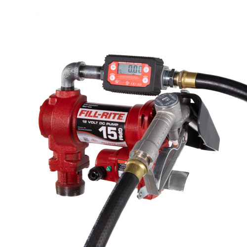 15 GPM, 12V DC Pump,  5' Ground Wire, 18' 12 Gauge 2 Wire Battery Cable, Telescoping Steel Suction Pipe (20" to 34½"), and TT10AN digital meter plus fittings