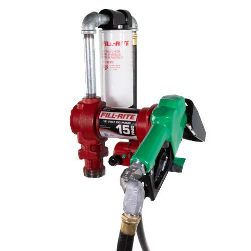 15 GPM, 12V DC High Flow Pump, 3/4" x 18' Hose, 3/4" Automatic Diesel Nozzle (Green Boot), 5' Ground