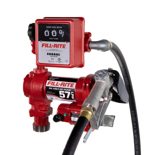 15 GPM, 24V DC Pump, 3/4 " x 12 ' Tuyau, 3/4 " Buse manuelle, 5' Fil de terre, 18' 12 Gauge 2 Câble de batterie de fil, Télescopique tuyau d’aspiration en acier (20 » à 341/2 »), 807C Gallon Meter.