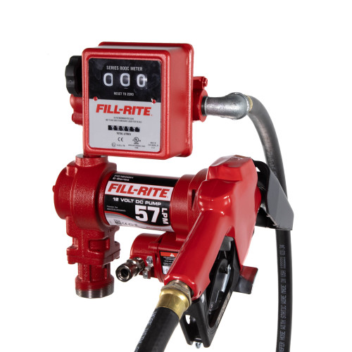 57 LPM, pompe 24V DC, tuyau de 3/4 " x 3,6 m, buse automatique de 3/4 " (bec sans plomb et couvercle rouge), 1.5 Me - FR2411HELA
