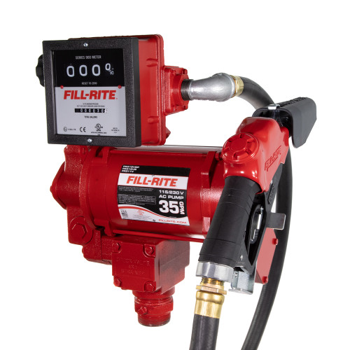 27 GPM, 115/230V AC 50/60 Hz Super High Flow Pump, 1 » x 18' Hose, 1 » Ultra High Flow Automatic Buse (Bec d’arrêt de camion et couvercle rouge), 901C Gallon Meter, DIESEL SEULEMENT.
