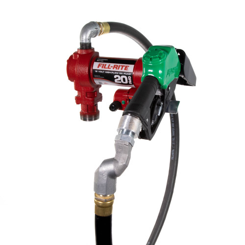 20 GPM, 12V DC High Flow Pump, 1" x 12' Hose, 1" Automatic Diesel Nozzle (Green Boot), 5' Ground Wire, 18' 12 Gauge 2 Wire Battery Cable, Telescoping Steel Suction Pipe (20" to 34½"), 1" Multi-Plane Swivel