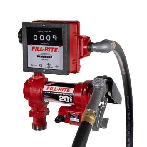 20 GPM, 12V DC High Flow Pump, 1" x 12' Hose, 1" Manual Nozzle, 5' Ground Wire, 18' 12 Gauge 2 Wire Battery Cable, Telescoping Steel Suction Pipe (20" to 34½").  901 Gallons Meter.