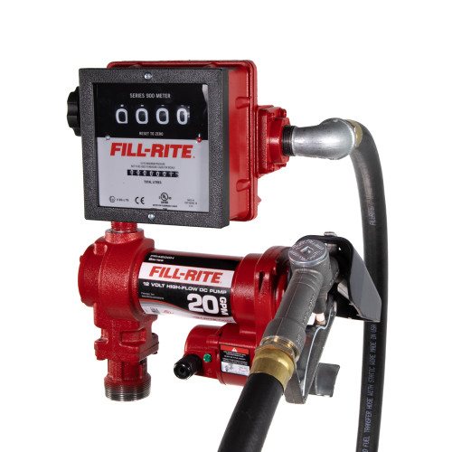76 LPM, 12V DC High Flow Pump, 1" x 12' Hose, 1" Manual Nozzle, 5' Ground Wire, 18' 12 Gauge 2 Wire Battery Cable, Telescoping Steel Suction Pipe (20" to 34½").  901L Liter Meter.