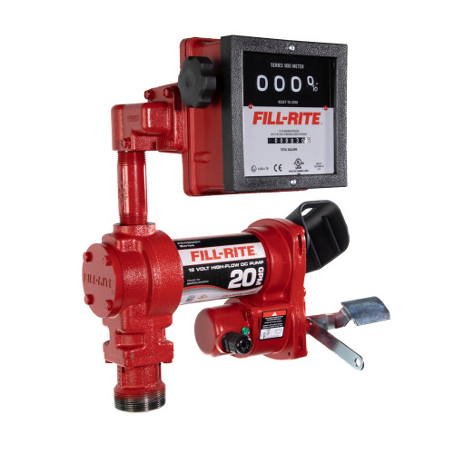 20 GPM, 12V DC Pump,  5' Ground Wire, 18' 12 Gauge 2 Wire Battery Cable, Telescoping Steel Suction Pipe (20" to 34½"), and 901C Gallon meter