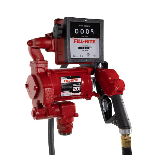 19 GPM, 115V AC 60 Hz High Flow Pump, 1 " x 18 ' Tuyau, 1 " Ultra High Flow Automatique Buse (Bec d’arrêt de camion et couvercle rouge), 901C Gallon Meter.