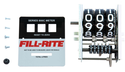 Liter Register and Faceplate Kit for 800 Series Meters.  Contains Liter Register, Liter Faceplate, Pinon Bevel Gear, Register Screws (2), and Faceplate Screws (2).