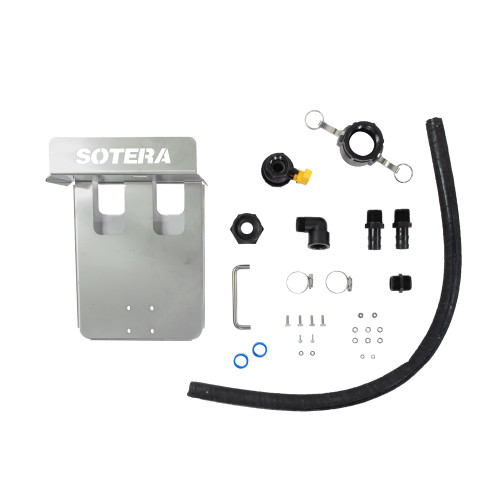 Support de montage IBC pour tous les modèles Sotera, moins ChemTraveler®.  Comprend le support de GRV, le matériel et les accessoires d’aspiration de GRV (tuyau EPDM de 1 po x 39 po ; vanne à boisseau sphérique de 1 po, poly ; attelage féminin de 2 po ; divers matériels de connexion tels que des pinces, des mamelons et des coudes).
