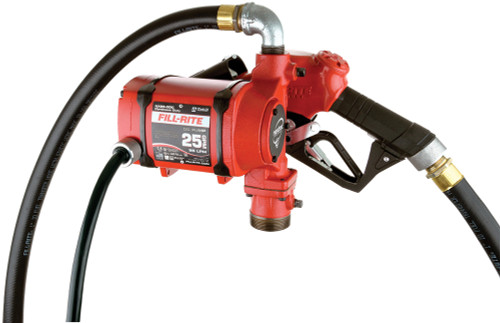 25 GPM, 12-24V DC ULTRA HIGH FLOW PUMP, 1" X 18' HOSE, ULTRA HIGH FLOW AUTOMATIC NOZZLE (TRUCK STOP SPOUT AND RED COVER), NPT PORTS, 20' 10 GAUGE 2 WIRE BATTERY CABLE. 2" TANK MOUNT WITH 1¼" SUCTION PORT.