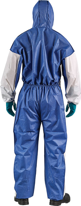 ALPHATEC® 1800 COMFORT - COMBINAISON BLANCHE MODÈLE 195, PROTECTION À FAIBLE CONCENTRATION CONTRE LES PRODUITS CHIMIQUES LIQUIDES ET PARTICULES EN SUSPENSION DANS L’AIR, CAGOULE BLEUE SMS DE 3 PIÈCES, FERMETURE ÉCLAIR AVANT À DEUX SENS ET RABAT DE TEMPÊTE, GRAND