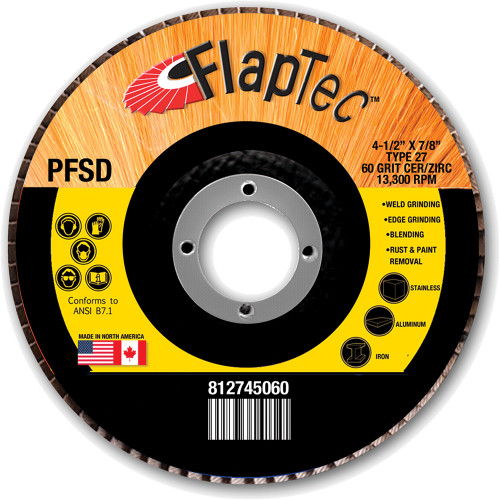 PG105 - Disque à lamelles céramique de qualité supérieure à face plate, diamètre 114 mm, alésage 22 mm, grain 60, type 27, 13 300 tr/min - Lot de 5