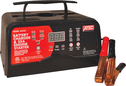 CHARGEUR DE BATTERIE ATEC, 6/12V 10/2A AUTOMATIQUE, DÉMARRAGE 50A