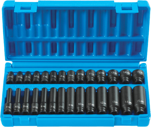 PG135 - 28-PC PRISE 1/4" ENSEMBLE DE DOUILLES MÉTRIQUES MÉTRIQUES À IMPACT 6 PT. STANDARD ET DE LONGUEUR PROFONDE, 4 MM À 15 MM