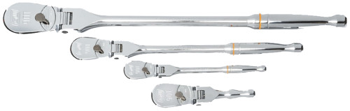 PG129  -  4-PC 1/4", 3/8", 1/2" DR. FULL POLISH FLEX HEAD TEARDROP RATCHET SET,  8"-7"-11"-17", 90T
