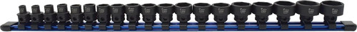 PG133 - 19-PC PRISE 3/8" DOUILLE À IMPACT NANO MÉTRIQUE À PROFIL BAS DE 6 PTS, MONTÉE SUR UN RAIL, HEXAGONAL EXTÉRIEUR DE 6 À 24 MM, 17 MM