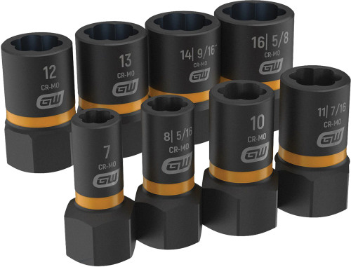 PG129 - 8-PC 1/4" & 3/8" DR. BOLT BITER™ SAE/METRIC IMPACT EXTRACTION SOCKET SET, 7-16MM, 5/16"-5/8"