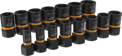 PG121 - JEU DE DOUILLES SAE/METRIC D’EXTRACTION PAR IMPACT DE 15 PIÈCES 1/4 » ET 3/8 » DR. BOLTER™ BITER SAE/METRIC PAR IMPACT, 7-19 MM, 1/4 « -3/4 »