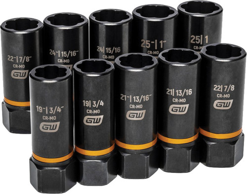 PG129 - 10-PC 1/2" DR. BOLT BITER DEEP FASTENER EXTRACTION SOCKET SET, 19-25MM, 3/4"-1", W/ MINUS SIZES